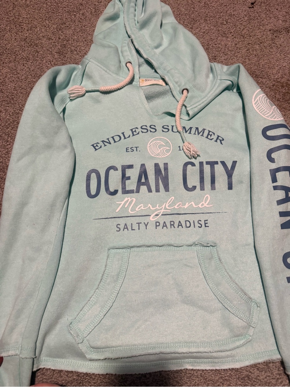 Ocean Drive Light Seafoam Pullover Hoodie with Navy Print